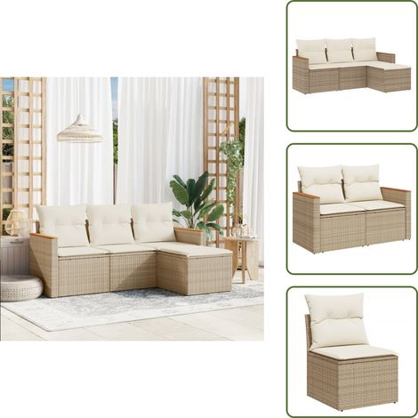 The Living Store Salon de jardin avec coussins 4 pcs beige résine tressée - Ensemble Salon De Jardin - Mobilier De Jardin - Canapé Extérieur - Chaise Longue - Set Salon De Jardin (1/5)