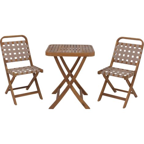 Garten-Set HHG-719, Sitzgruppe Balkon-Set Garnitur 2x Stuhl Tisch, Seilgeflecht Akazie Holz klappbar natur, creme