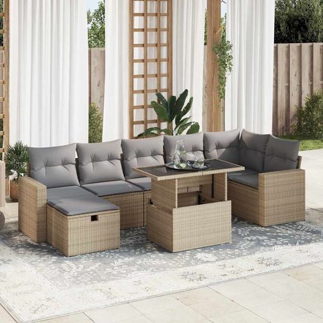 8-tlg. Garten-Sofagarnitur mit Kissen Beige Poly Rattan (1/5)