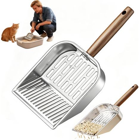Pelle à litière pour chat avec manche en bois - Ramasse-crottes - Pelle à litière pour chat - Pelle à litière en acier inoxydable - Ramasse-crottes pour chatons - 14,3 cm x 28,1 cm - Convient à un usa (1/5)