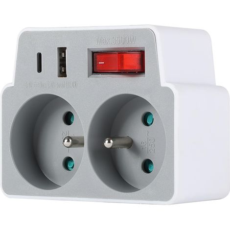 Adaptateur Fiche Multiprise Biplite 2 Prise 16A + 2 USB (A + C) 12W avec Interrupteur ON/OFF, 2 Prises 16A (1/4)