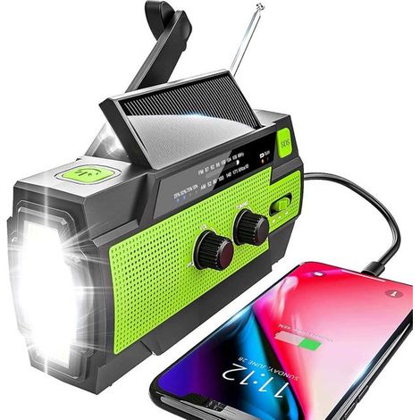 Radio solar portátil AM/FM con batería recargable de 4000 mAh y linterna LED verde. (1/5)