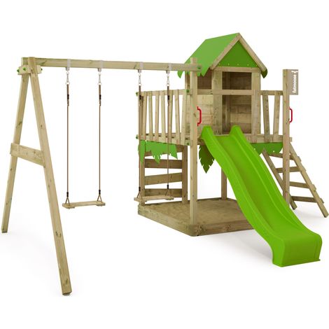 Fatmoose – Tour de jeu en bois avec balançoire et toboggan 220 cm – Bac à sable intégré – Résistant aux intempéries – Pour enfants jusqu'à 50 kg (1/5)