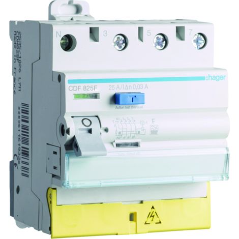 Interrupteur différentiel 3P+N 25A 30mA type F Bornes décalées HAGER CDF825F (1/4)