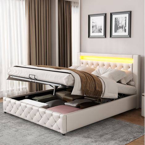 MEUBLIV Lit rembourré 140x190 cm blanc – tête de lit LED, rangement hydraulique, sans matelas (1/5)