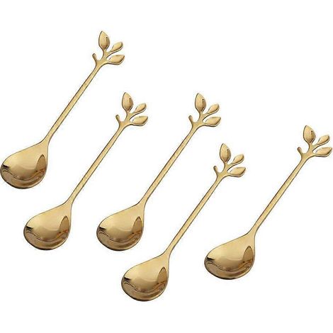 Cuillères à café en acier inoxydable, motif branches et feuilles, pour desserts, confitures, glaces et thé, couleur or (lot de 5). (1/5)