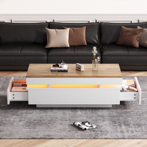 100 x 50 x 35 cm Couchtisch mit 2 Schubladen, Hochglänzender LED-Beistelltisch, Teetisch, Sofatisch, Wohnzimmertisch, kaffetisch, Weiß + Holzton (1/5)