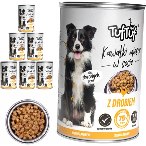 Cibo umido per cani TufTuf, lattina da 6 x 415 g con bocconcini in salsa. (1/2)