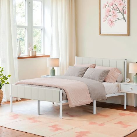 Cadre de Lit Double, 140 x 190 cm, avec Tête de Lit Rembourrée, en Acier, Supporte Jusqu'à 500 kg, Montage Facile, Beige (1/5)