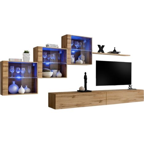 Wandkomposition SWITCH XX – Doppeltes TV-Möbel, LED-verglaste Würfel und Regal – Wotan-Eiche – Modernes Design (1/2)