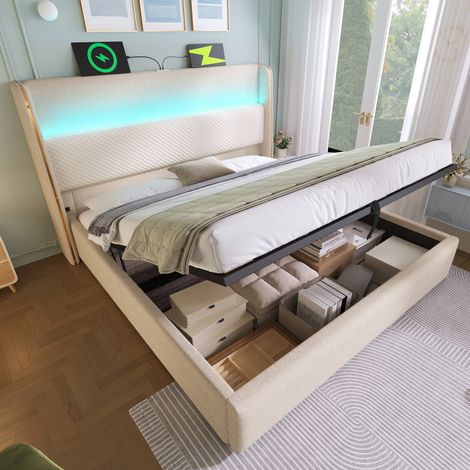 Cama doble 140x200cm cabecero alto hidráulico con almacenamiento LED puertos USB -C lino color beige (Sin colchón)