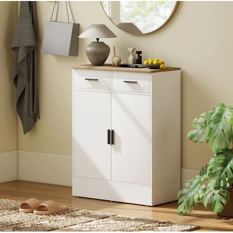 Aparador 68.6x35x90.3 cm blanco y madera con 2 cajones, armario y balda ajustable (1/5)