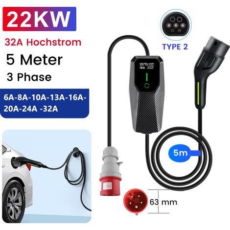 Hexinex Câble de recharge pour véhicules électriques de type 2, 5 m, 32 A, 22 kW, phase 3, borne de recharge mobile pour véhicules électriques et hybrides rechargeables