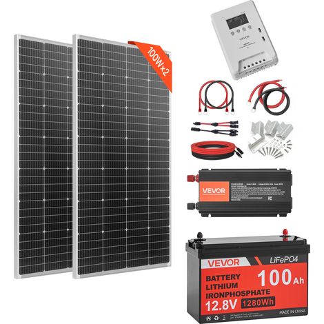 VEVOR 400W Solaranlage Komplettset, Insel Solaranlage Inkl. 2x 200W Mono-Solarpanele 12,8V 100Ah LiFePO4 Stromspeicher 40A MPPT Laderegler & 12V 1000W Wechselrichter, Photovoltaik Inselanlage für Heim (1/5)