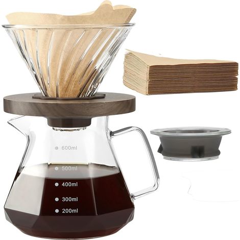 Pour Over Coffee Maker, 600ml Borosilicate Glass Jug with Paper Filter Size 02 100 Sheets, Walnut Handle and Coffee Maker Lid (1/5)