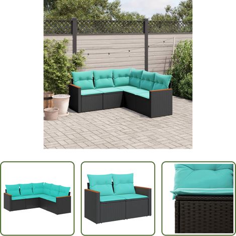 Gartenmöbel - 5-teiliges Gartensofa-Set mit Kissen, schwarzes Polyrattan (1/5)