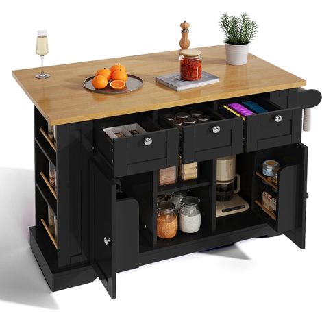 Mobile Kücheninsel 132 cm mit klappbarer Arbeitsplatte – Landhausstil – 3 Schubladen + 2 Schränke + Regale – Integrierte Steckdose mit USB – Rollen mit Bremse – für Küche & Esszimmer-schwarz