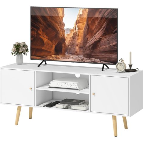 Meuble TV 120x34x50 cm Blanc 2 portes 2 étagères pour TV jusqu'à 55 pouces