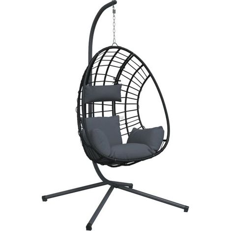Le fauteuil suspendu en forme d'œuf est fabriqué en rotin couleur anthracite et possède une structure en acier. (1/5)