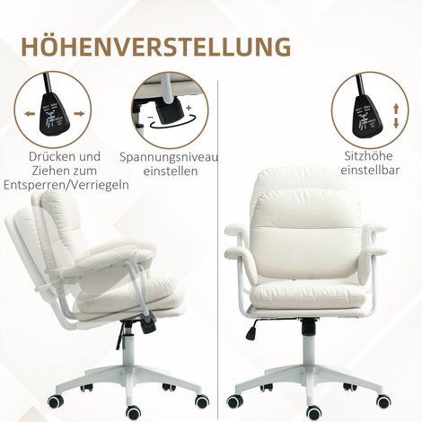 Fauteuil de travail ajustable en hauteur avec assise rembourrée et garniture en cuir synthétique, roues multidirectionnelles et mécanisme basculant, blanc
