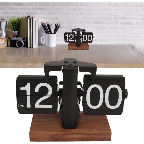 Horloge à affichage automatique minimaliste et créative, objet de décoration rétro pour bureau ou salon, horloge mécanique numérique pour la maison, socle en bois noir 12 heures avec finition givrée. (1/5)