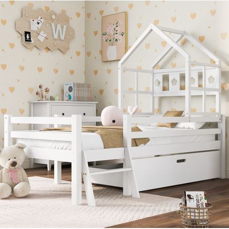 Letto a casetta bambini 90x200 cm in legno con scala, cassetti e protezione anticaduta, bianco, senza materasso (1/5)
