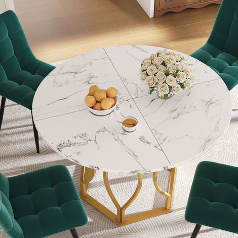 Table de salle à manger ronde 100x100x76 cm, table basse pour 4 personnes, plateau MDF effet marbre blanc, pieds métal doré, idéale cuisine ou salon