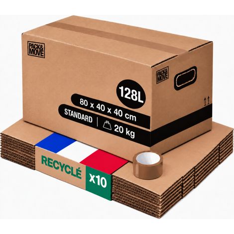 Pack and Move - Lot 10 cartons déménagement stockage XL - 80 x 40 x 40 cm - Poignées renforcées - 1 adhésif offert (1/5)