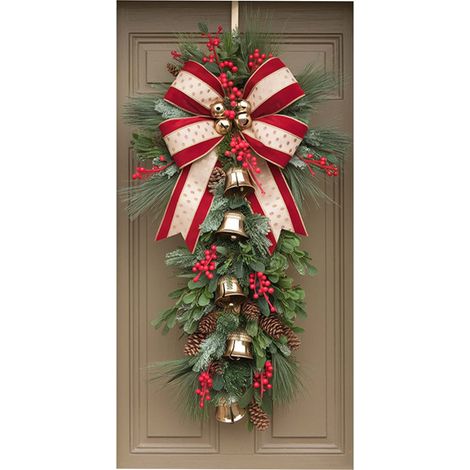 Guirlande De Noël Avec Nœud Et Clochette - Décor Porte Intérieur Extérieur - En Polyester - 71 x 35 Pouces (1/5)
