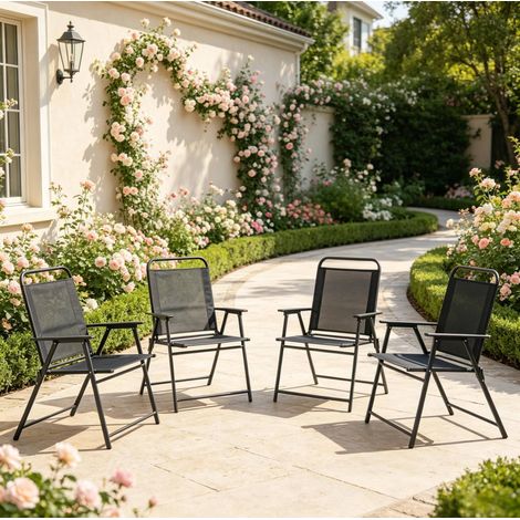 4 klappbare Outdoor-Stühle, hohe Rückenlehne, Armlehnen, schwarzer Stahl, Textilene (1/5)
