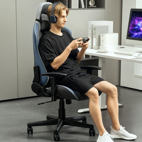Ergonomischer Gaming-Stuhl mit Armlehnen, Kopfstütze und Höhenverstellung, verstellbarer Büro-Gaming-Stuhl in Leinenoptik mit Wippfunktion, Lendenwirbelstütze, Blau