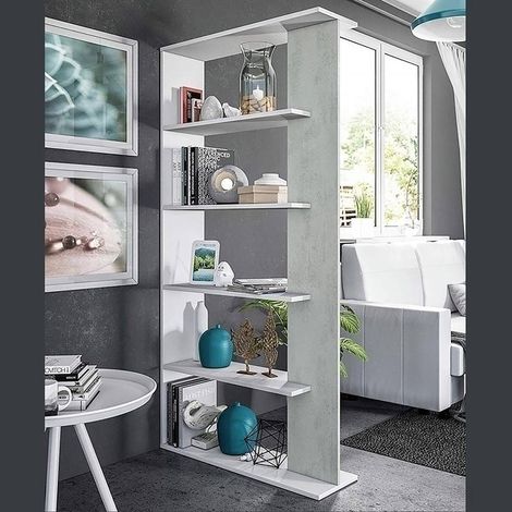 Bibliothèque double face avec 5 étagères, Etagère de séparation pour bureau ou chambre, 90x25h180 cm, Blanc et Ciment (1/5)