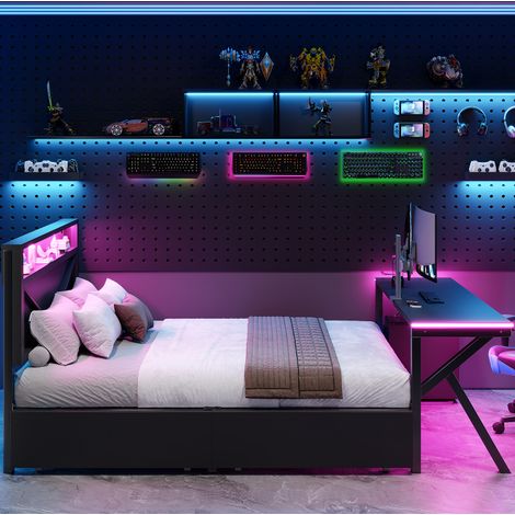 Cama gaming 140x200 cm con LED, escritorio integrado y 2 cajones, negra OKMYHOME (1/5)