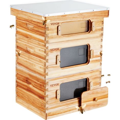 VEVOR Bienenstock, Zander Beute für 30 Rahmen, mit Bienenwachs beschichtetes Zedernholz, 2 tiefe + 1 mittelgroßer Bienenkasten, Langstroth-Bienenstock-Set, transparente Acrylfenster mit Fundamenten (1/5)