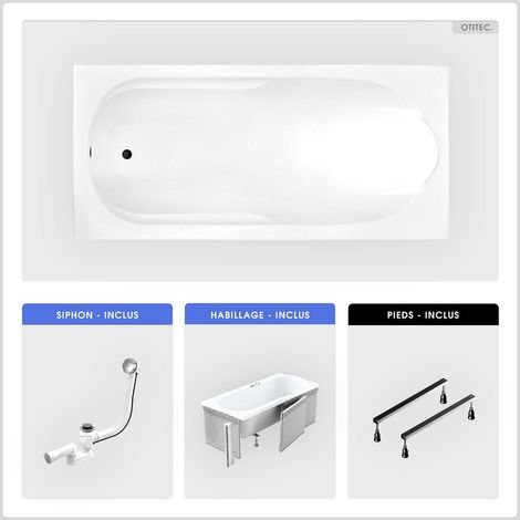 Baignoire rectangulaire - 190 x 80 cm - avec Habillage - Pieds - Vidage Chrome - BONA