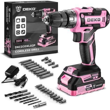 Perceuse électrique sans fil : Perceuse sans fil rose 20 V pour femmes perceuses avec batterie et chargeur, kit de perceuse-visseuse 20 V (1/5)