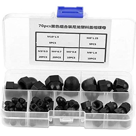 70 Pièces Cache Boulons Capuchon à Vis, en nylon Écrou Kit dôme à tête écrous hexagonaux M3 / M4 / M5 / M6 / M8 / M10(Noir) (1/5)