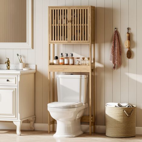 Étagère de toilettes meuble de salle de bain dessus toilette WC avec placard 2 portes et étagère ouverte bambou (1/5)