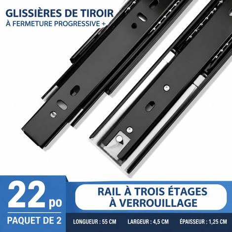 Glissières de tiroir télescopiques 3 sections 55 cm 22 pouces en acier noir à fermeture amortie 22 55cm réf 8835 55 × 1 × 1 cm 1,166 kg – Livraison gratuite