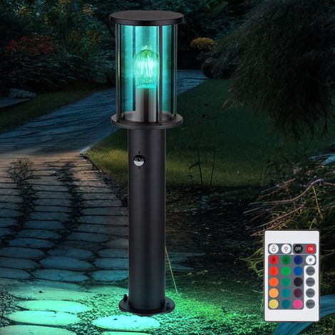 Stehleuchte Edelstahl Wegeleuchte Sensor Gartenlampe Außenlampe schwarz Rauchglas Bewegungsmelder, Fernbedienung dimmbar, 1x RGB LED 8,5W 806Lm warmweiß, H 60 cm
