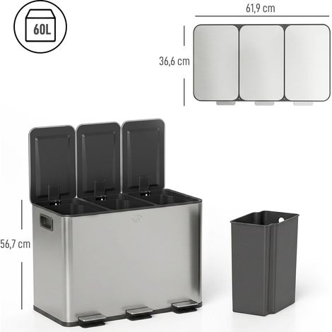 Poubelle à 3 compartiments de 20 L, couvercle désodorisant, anti-traces de doigts, fermeture amortie, amovible, argentée (1/5)
