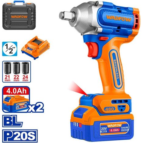 Llave de impacto inalámbrica Wadfow 480 Nm con motor sin escobillas y batería 20 V (1/4)