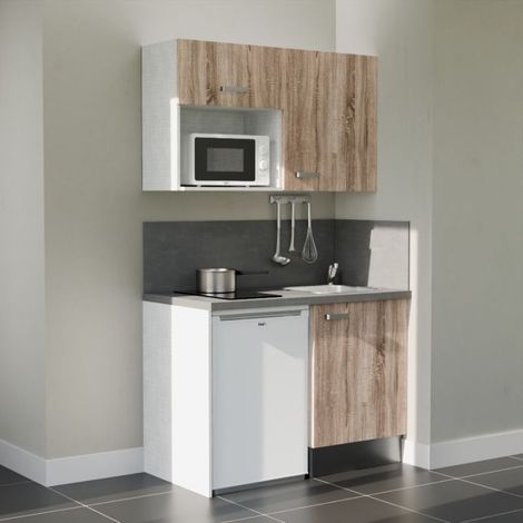 Kochnischen K07L-PT - 120 cm mit Arbeitsplatte und spüle - Holzfront - betongraue Laminatplatte - Edelstahl-Spüle - Kredenzen ja (1/5)