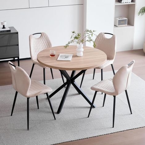 Runder Esstisch mit 4 Stühlen, 100cm, helle Holzmaserung, beige Leinenoptik (1/5)