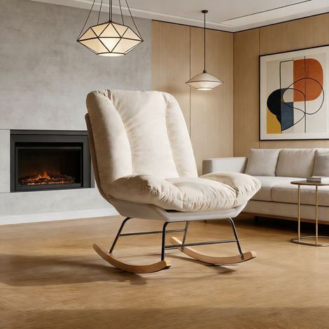 Beige skandinavischer Schaukelstuhl - gepolsterter Stoff, 5-fach verstellbare Rückenlehne, Holz+Metall