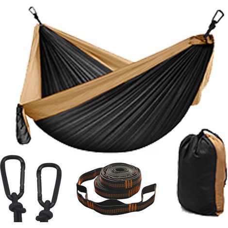 Hamac d'extérieur portable en nylon pour 2 personnes avec sangles d'arbre et mousquetons en alliage d'aluminium (270 x 140 cm). (1/5)