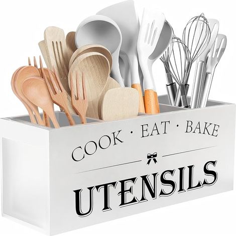 Porte-ustensiles de cuisine extra large avec 4 compartiments, organisateur d'ustensiles en bois pour comptoir de cuisine, décoration rustique,blanc (1/5)