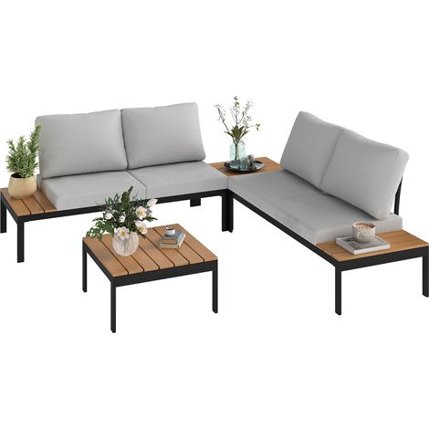 Set Salotto da Giardino Modulabile 2 Divanetti e 2 Tavolini in Metallo e Legno Composito Grigio Nero e Teak (1/5)