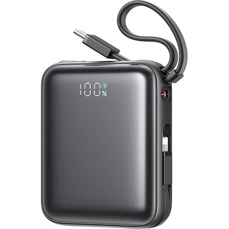 Batería externa Joyroom JR-PBF27 de 10000 mAh y 22,5 W con cables USB-C y Lightning integrados - Negra