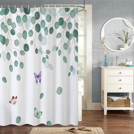 120x180cm Vert Feuilles Rideau De Douche Printemps Aquarelle Plante Eucalyptus Rond Feuille et Papillons Rideau De Douche pour Salle De Bain Tissu Polyester Imperméable Ensemble (1/4)